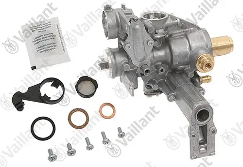 Vaillant Gasarmatur mit verschiedenen Montageelementen, darunter Dichtungen, Schrauben und eine Montagehilfe, für den Einsatz in Heizsystemen.